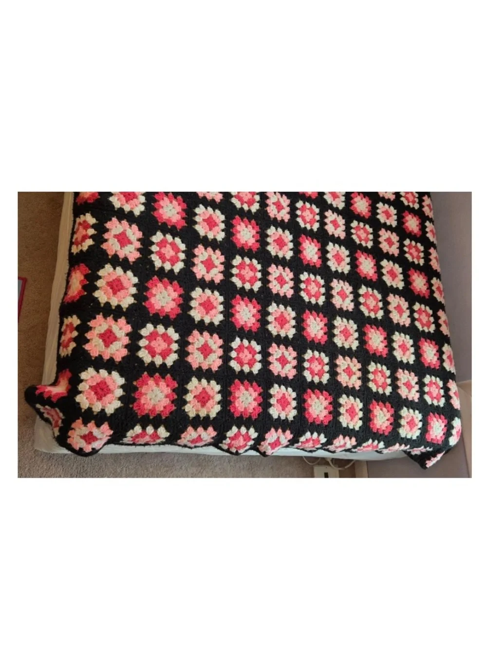 Vintage 80s Blanket Queen Hand Crocheted Black Pink White Granny Square Home VTG